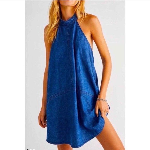 free people denim halter dress Free People Clean Break" Denim Halter Mini Dress - Night Wash